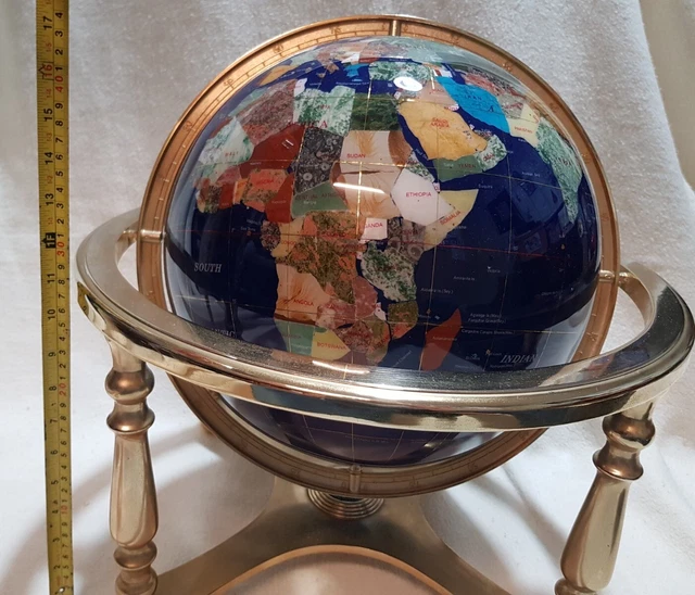 Large 17"/42cm Solid Brass Semi Precious Lapis Gemstone Globe. World. Earth