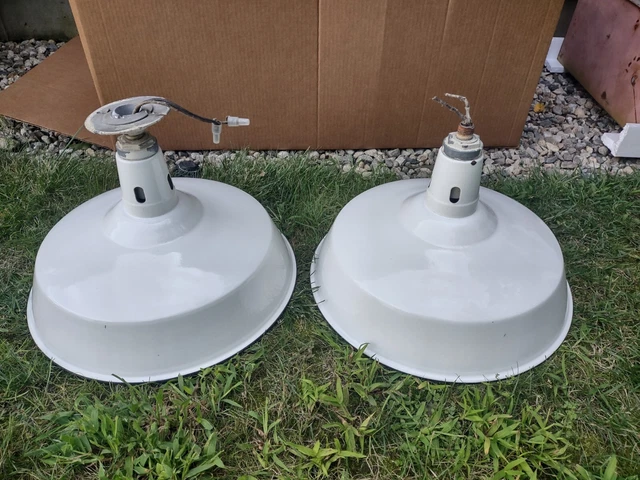 2 Vintage 16" white porcelain light shade industrial barn gas station lamp