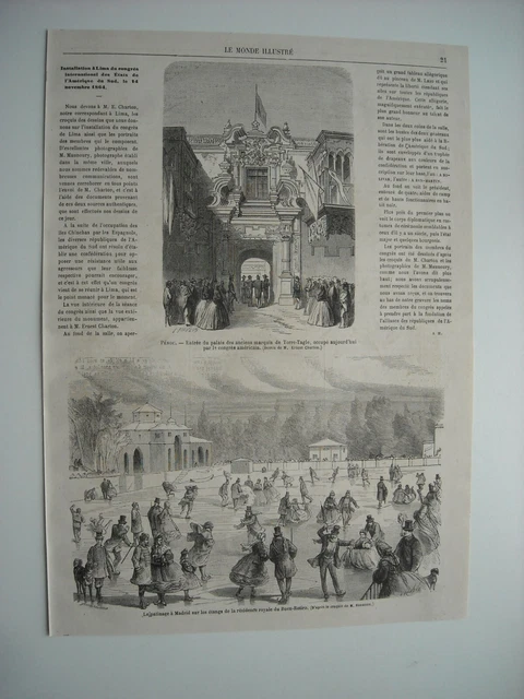 1865 Engraving. Skating In Madrid. Perou; Ancient Palaces Marquis De Torre-Tagle