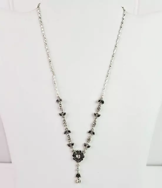 Vintage Avon NR Nina Ricci Silver Tone Clear Rhinestone Flower Y Drop Necklace