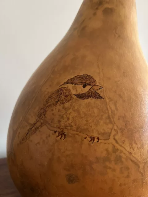 DW Delach Hand Etched Burned Gourd, Artist Signed, Birds, Reuge Music Box, Large