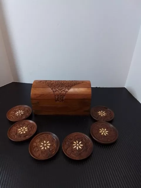 Vintage Hand Carved Wooden Lidded Box W/ 6 Coasters, India, (1252-B10)