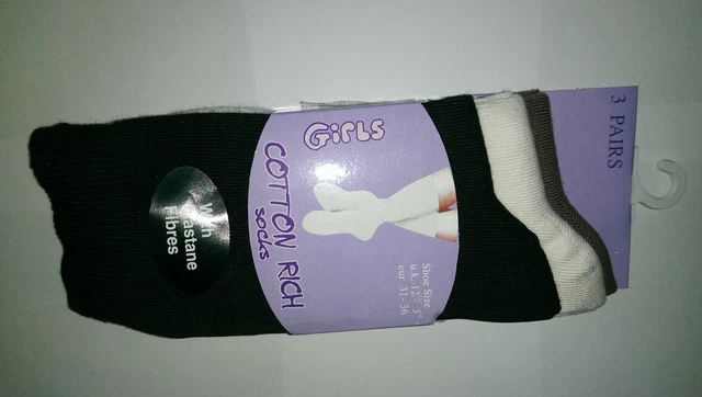 3 paires de chaussettes filles riches en coton - Taille UK 12 1/2 - 3 1/2 (EUR 31 - 36)