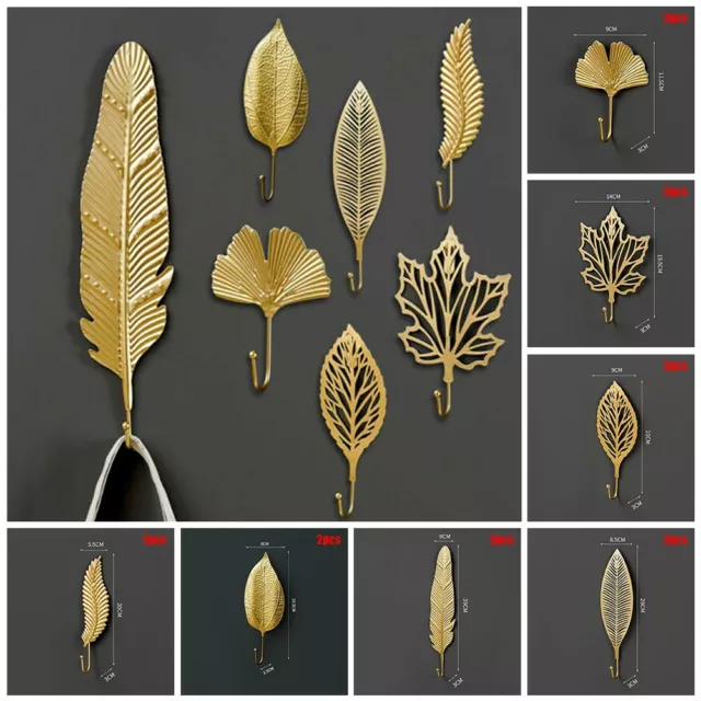 2pc Gold Leaf Hook Coat Hat Key Hook Wall Hanging Kitchen Home Towel Hooks Decor