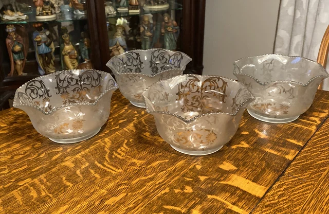 4 Vintage Etched Glass Shades, 4" Fitter