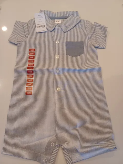 Carters New Tags Baby Boy One Piece Romper 18 Month Blue/White Stripe Btn & Snap