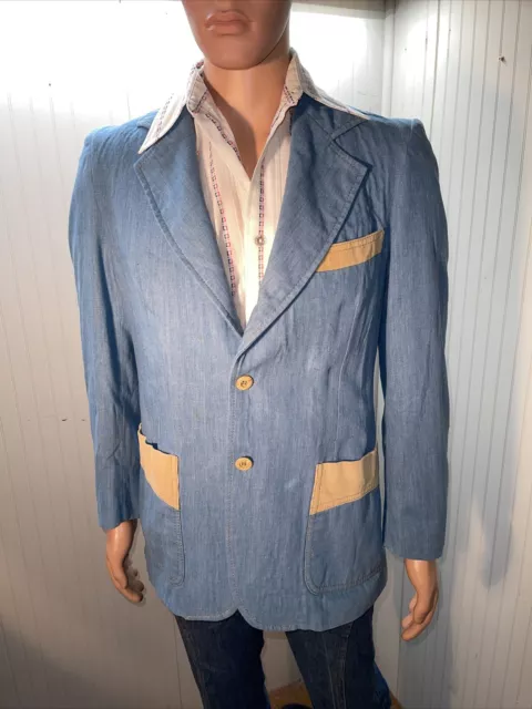 Vintage 1970s Light Blue Denim Jacket Blazer Sport Coat Corduroy Details 40