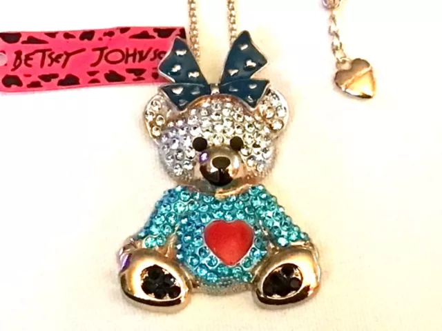 Betsey Johnson NWT Necklace Bear Pendant Blue Crystals Enamel Gold Chain