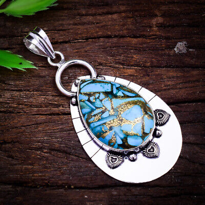 Adorable Blue Copper Turquoise Gemstone 925 Sterling Silver Handmade Pendant 2.8