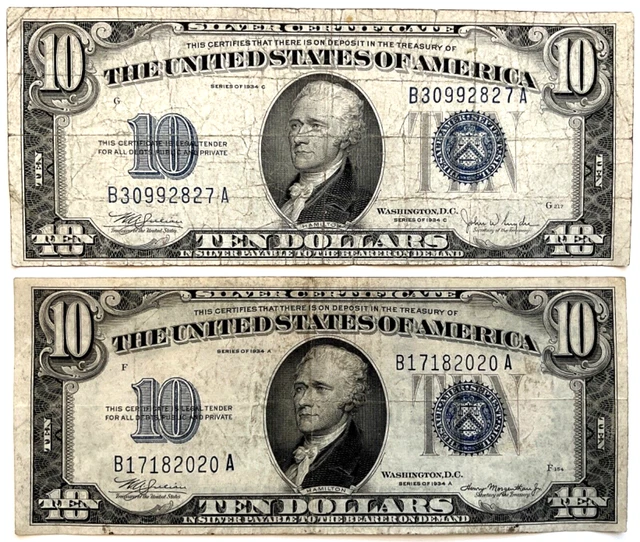 $10 Silver Certificate (Small), Series 1934 A (Blue Seal) Fr#1702