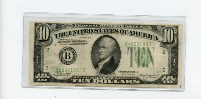 1934 A New York  $10 Dollar Federal Reserve**Nice  Note **Free Shipping**4342