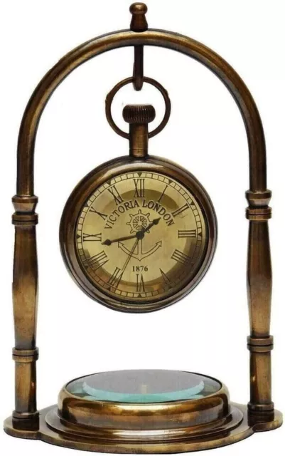 Brass Desk Clock Nautical Antique Table Decor Maritime Vintage Watch w Compass