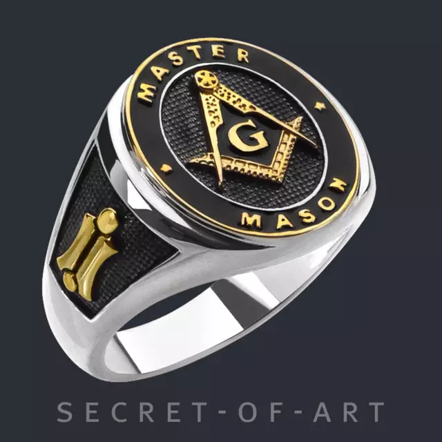 Masonic Ring Master Mason Signet Freemason Masonry 925 Silver 24K-Gold-Plated