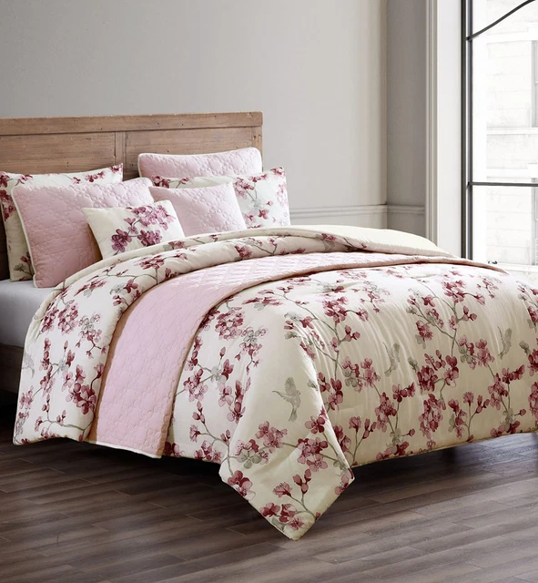 Hallmart Collectibles Aviary Blossom 8-Pc King Cal Comforter Set Cherry Pink Red