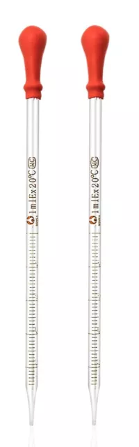 2Pk 1ml Glass Graduated Dropper Pipettes Lab Dropper with Red Rubber Cap&Scale