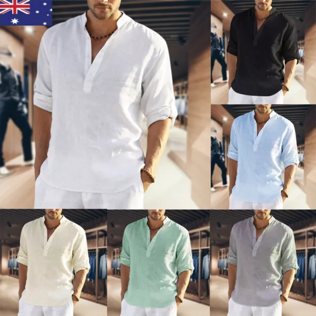 Mens Cotton Linen Long Sleeve Shirt Solid Loose Blouse Button Down Tops T Shirt