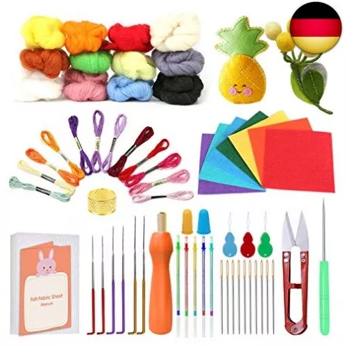 Nadelfilz Set mit Anleitung, Filzen Starter Set, 12 Farben Filzwolle Set mit 3