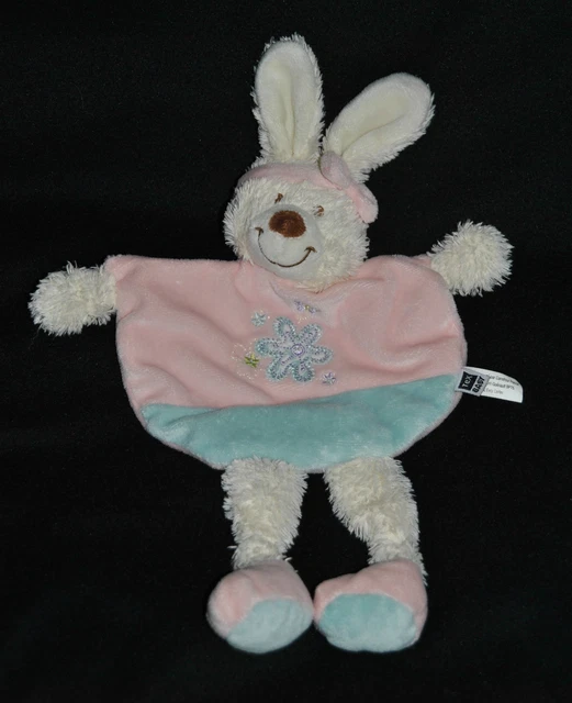 Doudou Plat Lapin Longues Jambes TEX Baby Rose Bleu Fleur Brodées  Etat NEUF