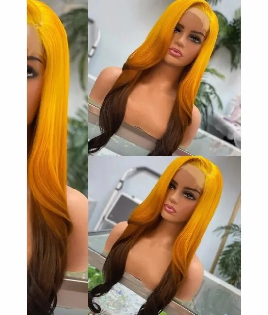 sevyn yellow brown ombre straight long European 100% human Hair lace front Wig