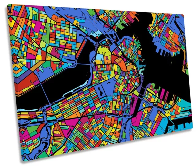 Boston City Modern Map Picture SINGLE CANVAS WALL ART Print Multi-Coloured