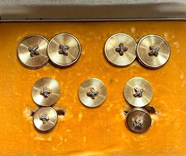 Complete Set Cufflinks, 18k Yellow Gold Diamond Neck Buttons Men