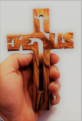 Olive wood cross with name Jesus on it made from olive wood size 20cm