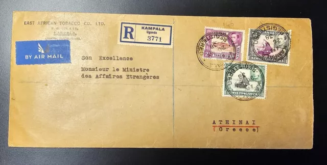 Kenya Uganda Tanganyika KUT Registered Cover #3771 KGVI Kampala to Greece Nice