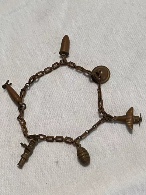 Rare WW1 Military Brass Bracelet. Moveable Parts On Soldier Plane & Torpedo.