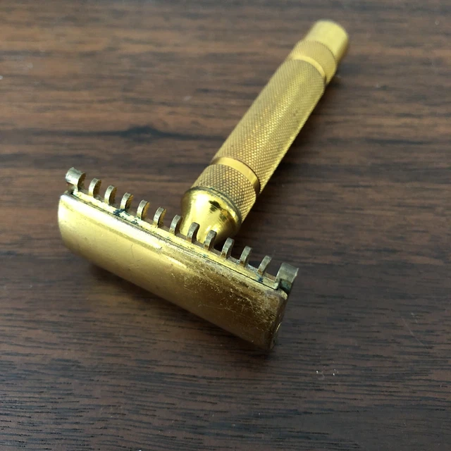 Gillette Long Open Comb Fat Handle DE Safety Razor Brass Gold Vintage 1930's 2