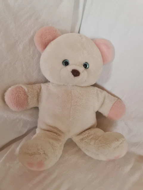 Doudou Peluche Vintage Ours Nounours Blanc Oreilles Roses 38 Cm Quasi Neuf