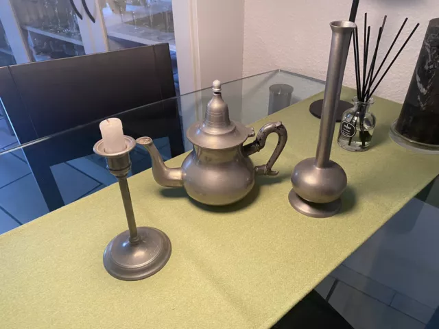 Antike Teekanne Zinn, Kerzenhalter Zinn Lion Pewter, Vase Zinn Art Deco Punziert