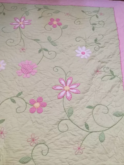 Pottery Barn Kids 84x95" Quilted Comforter Flowers Pink Gingham White Dots 2