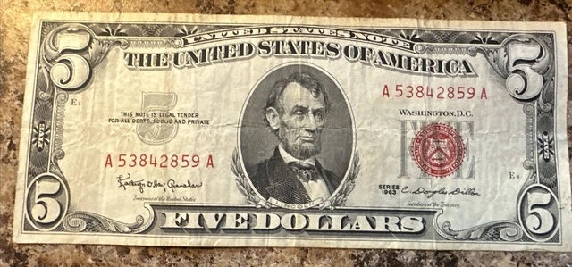 Five Dollar Bill 1963  Red Seal United States Note # A 53842859 A A Series