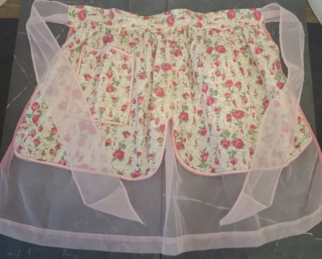 Vintage MCM Half Apron Layered Pink Chiffon Floral Cotton - Reversible