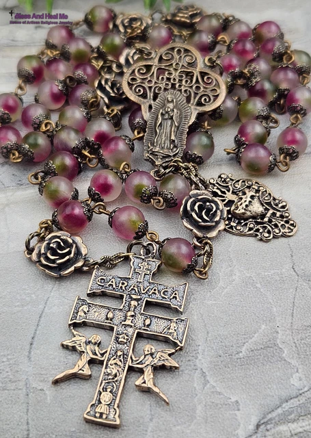 Our Lady of Guadalupe Caravaca Roses Jade Vintage Bronze Ornate Rosary