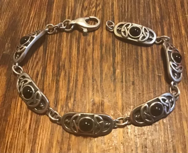 Sterling silver black onyx cabochon Celtic knot link bracelet 7.5 inches