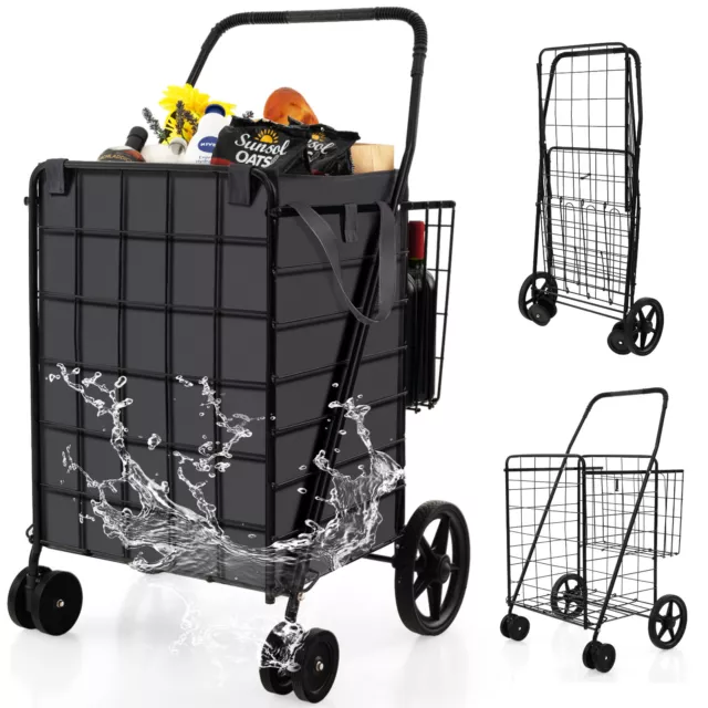 Folding Shopping Cart Utility Double Basket Grocery Cart w/ Waterproof Liner