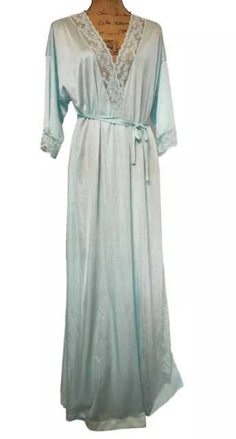 VTG Gilead long peignoir robe no nightgown all nylon light blue lace trim USA L