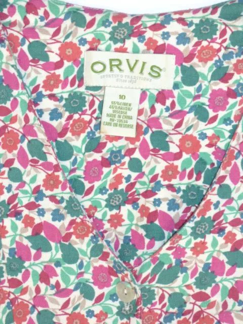 ORVIS Linen Blend Dress Sz 10 Long Button Front Short Sleeve Floral Multicolor