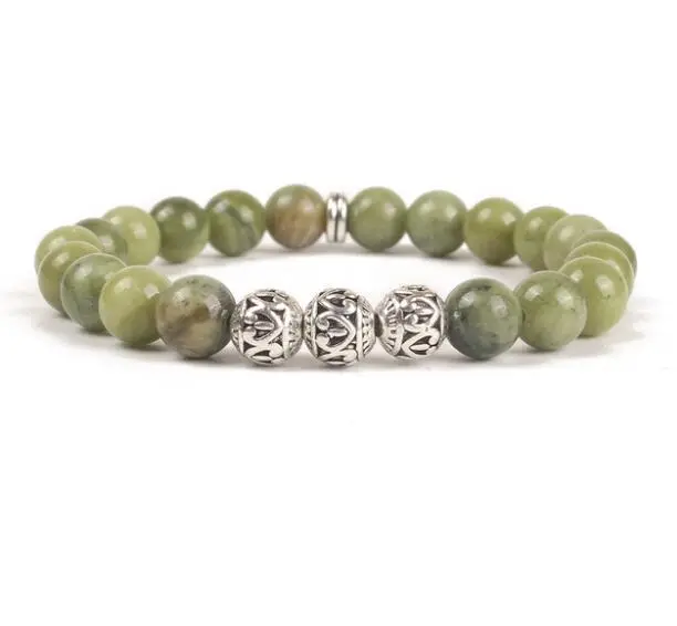 8mm Green jade Bracelets Gemstone men Spirituality Tibet silver Buddhism yoga