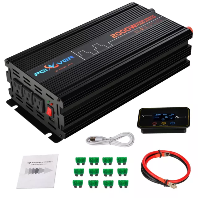 LCD Display 2000W Car Power Inverter DC 12V to AC 110V Wireless Remote Control