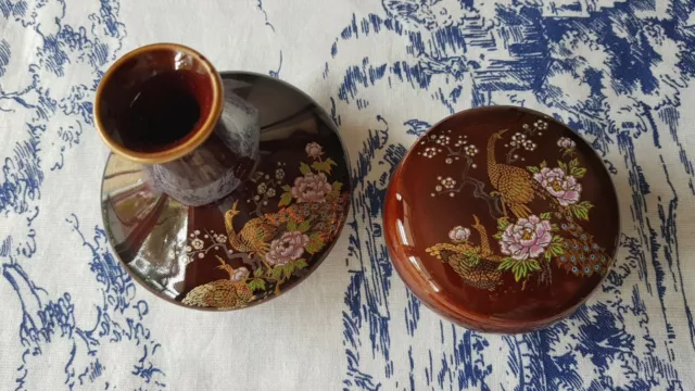 Vintage Japanese Porcelain Set. Vase & Lidded Bowl Hand Painted Very Good.