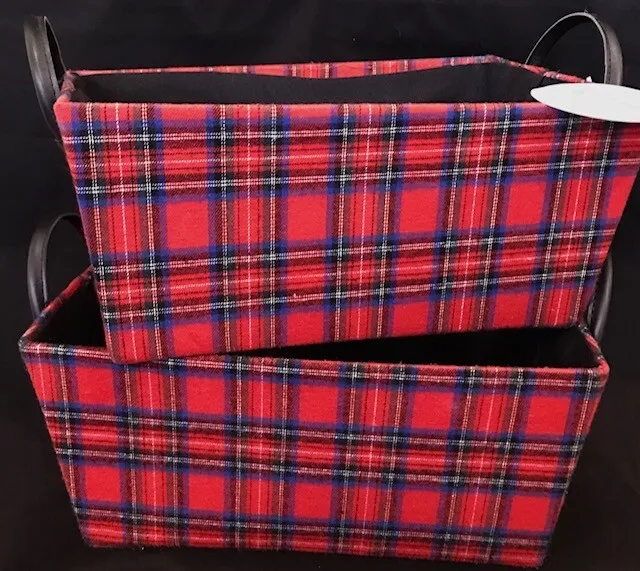 Red Flannel Tartan Plaid Molded Storage Or Gift Baskets W/ Black Handles (Nwt) 2