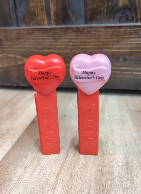 Vintage 2pcs PEZ Happy Valentine’s Day Heart Candy Dispensers; No Feet (1996)