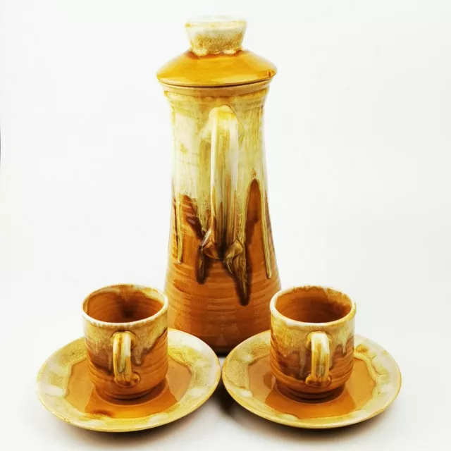 ~ Stunning ~ Youghal Irish Studio Pottery ~ Brown / Yellow Dripware Coffee Set ~ 3