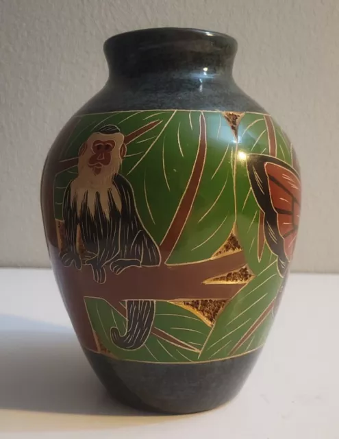 Costa Rican Art Pottery Vase Toucan Monkey Butterfly