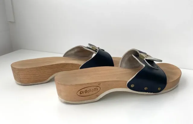 Vintage 70s Dr Scholls Navy Blue Clasp Wooden Exercise Slide Sandals Sz 8 Signed