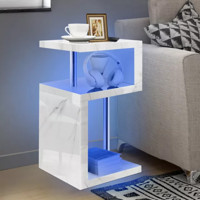 Side Table With 2 Tier Storage LED High Gloss Sofa End Coffee Table Living Room