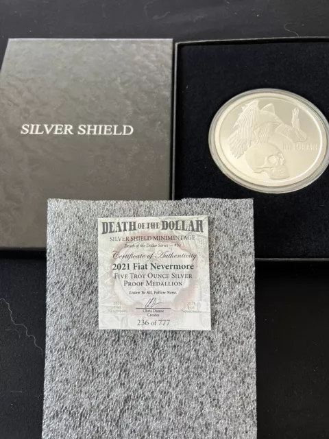 Silver Shield 2021 Fiat NEVERMORE 5 Oz Proof With COA 236 And Box Rare