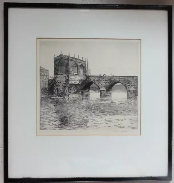 Thomas La Dell Original Etching Of A Bridge Across A River With A Church Behind.